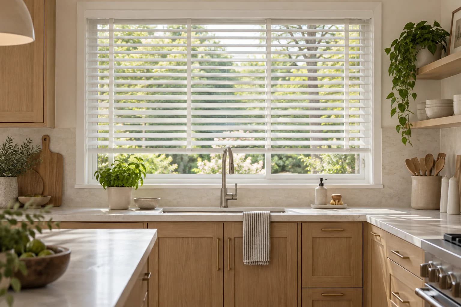 Everyday light, beautifully framed. - Fauxwood blinds AI-created room inspiration