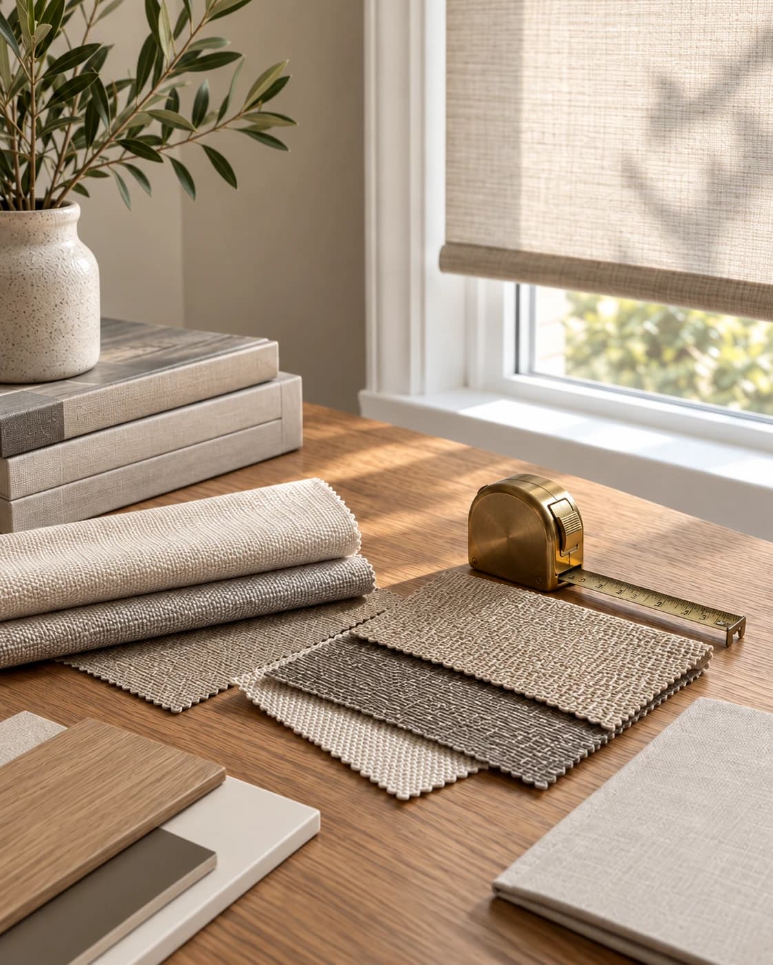 Natural fabric samples and a measuring tape beside a softly lit window shade