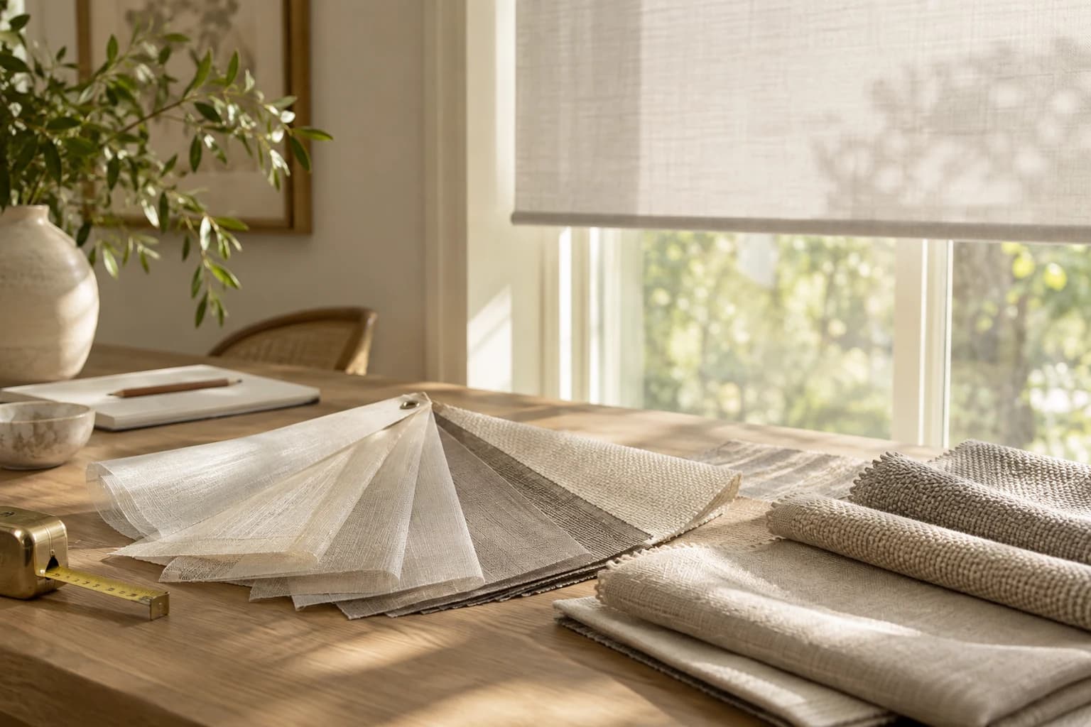 Window-treatment fabric samples in warm, natural tones