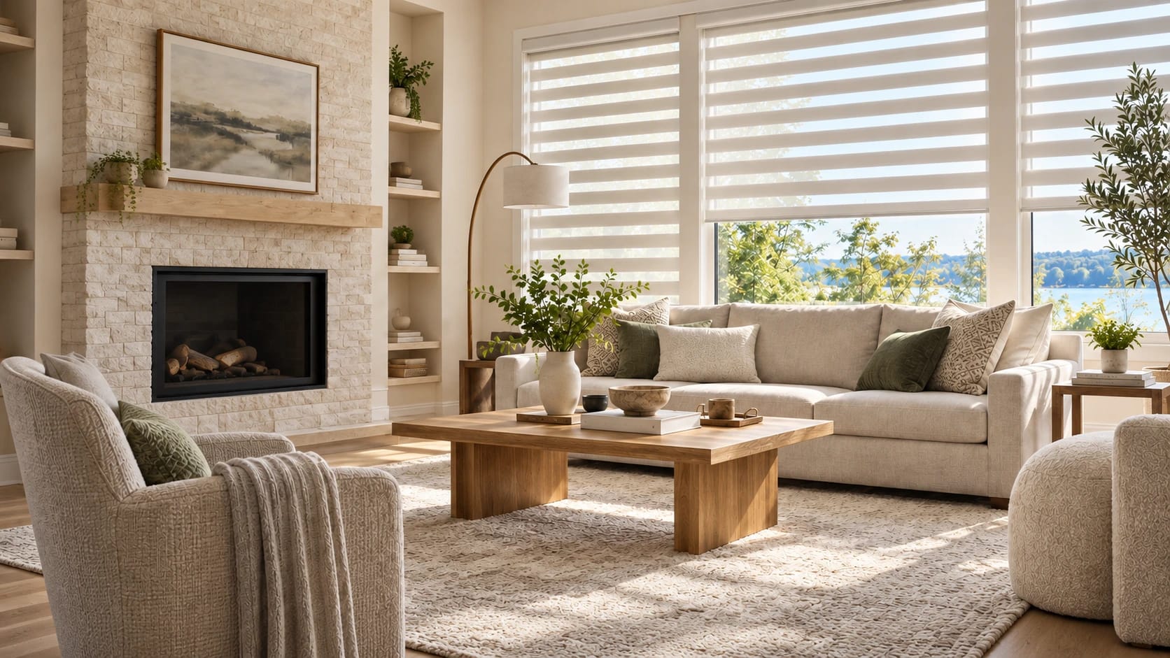 Room inspiration: a sunlit living room with ivory zebra blinds, a linen sofa, and a natural oak table