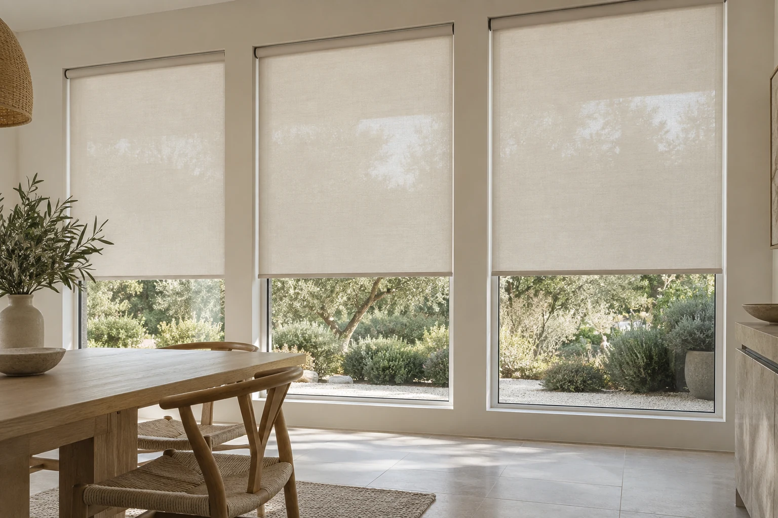 Illustrative interior with tailored roller shades and soft natural light
